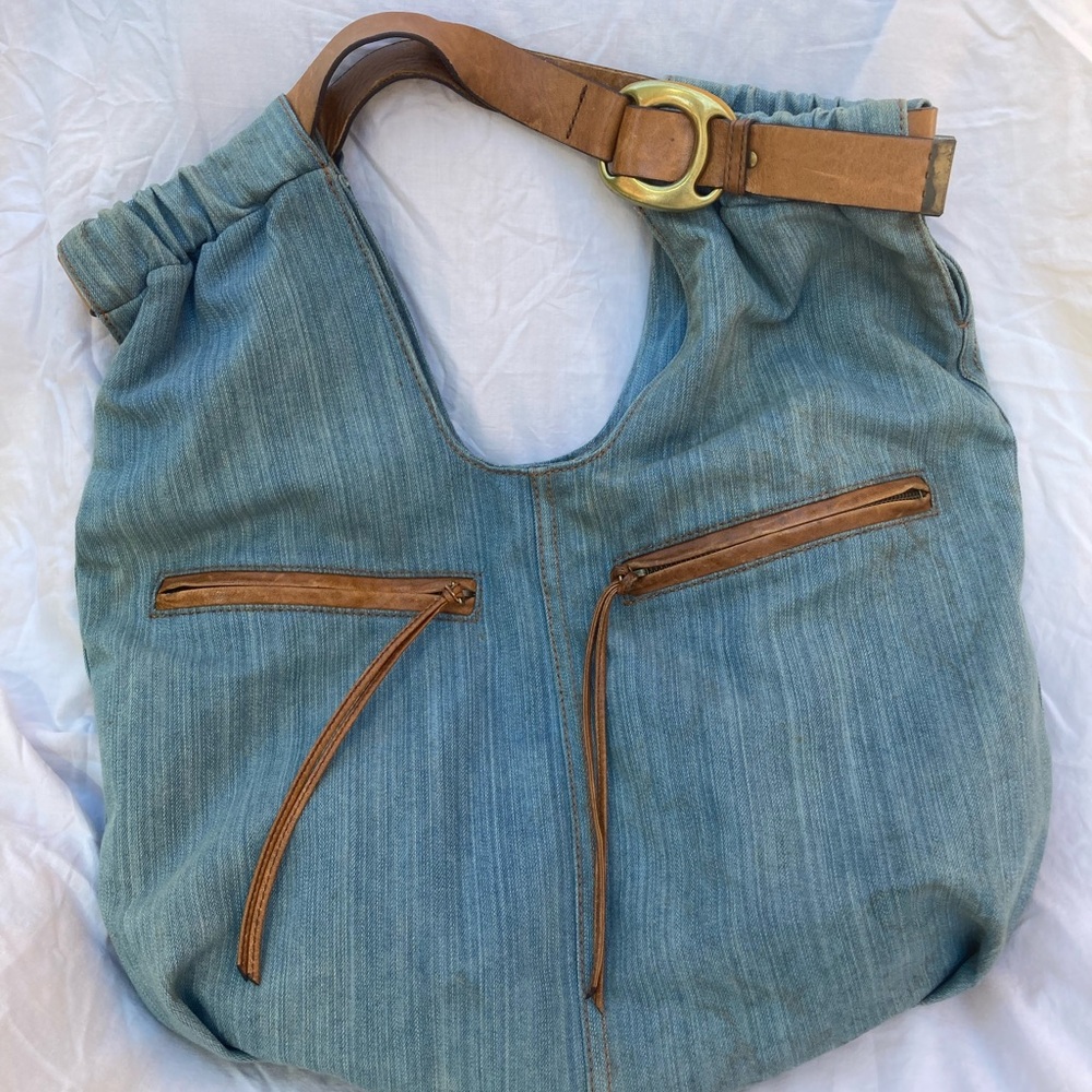 Kooba Denim Blue Hobo Bag with Brown Leather Trim